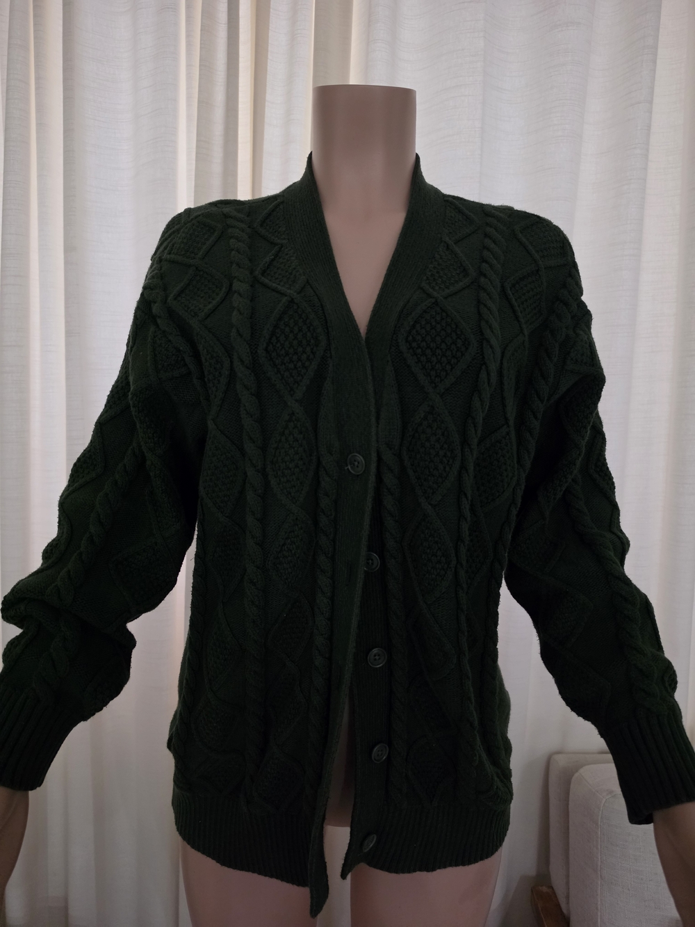 Aritzia Sunday Best Dark Green Cable Knit Button Cardigan Sweater Size XS